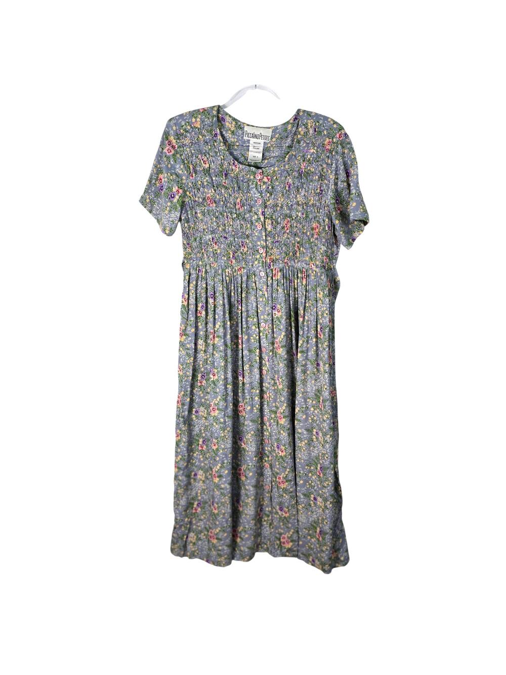 Vintage 90s Piccalino Petites Floral Midi Dress Smocked Button Front Cottagecore